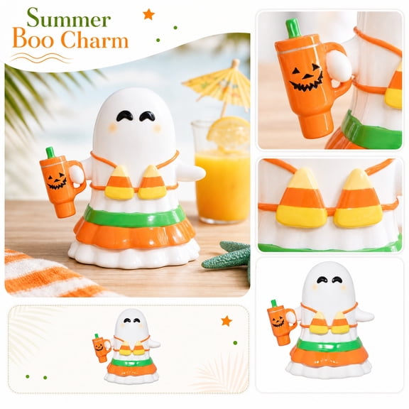 6" Halloween Ghost Figurine with Candy Corn Bikini Ghost in Hula Skirt Statue Halloween Decoration Resin Ghost Holding Pumpkin Tumbler Cup Ornament Beach House Office Desk Decorative Home Decoration