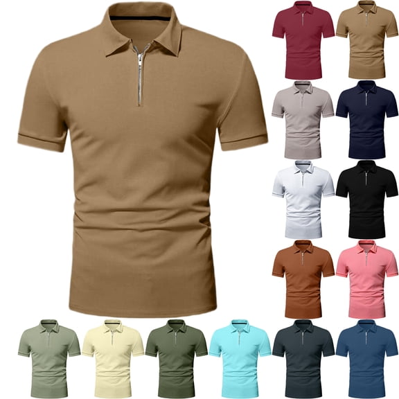 OIOLOYJM Men's Polo Shirts Zipper Lapel Short Sleeve Casual Lightweight Golf Shirts Classic Basic Quick Dry Gym Athletic Tennis Top Khaki L