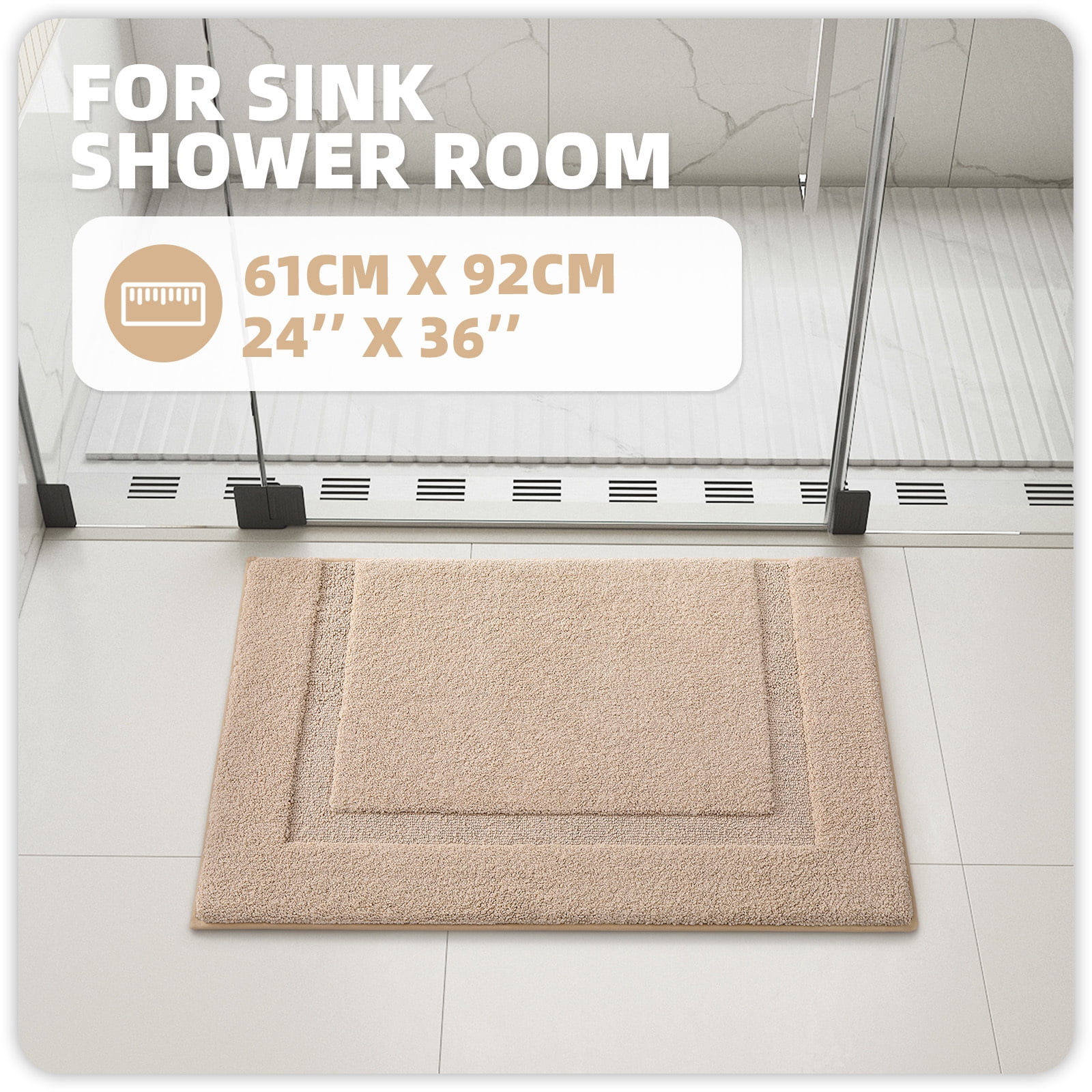 PABUBE Traditional Soft Khaki Microfiber Shag Bath Mat, 24"x36", Non-Slip and Absorbent Bathroom Rug for Bathroom Floor, Quick Dry, Machine Washable