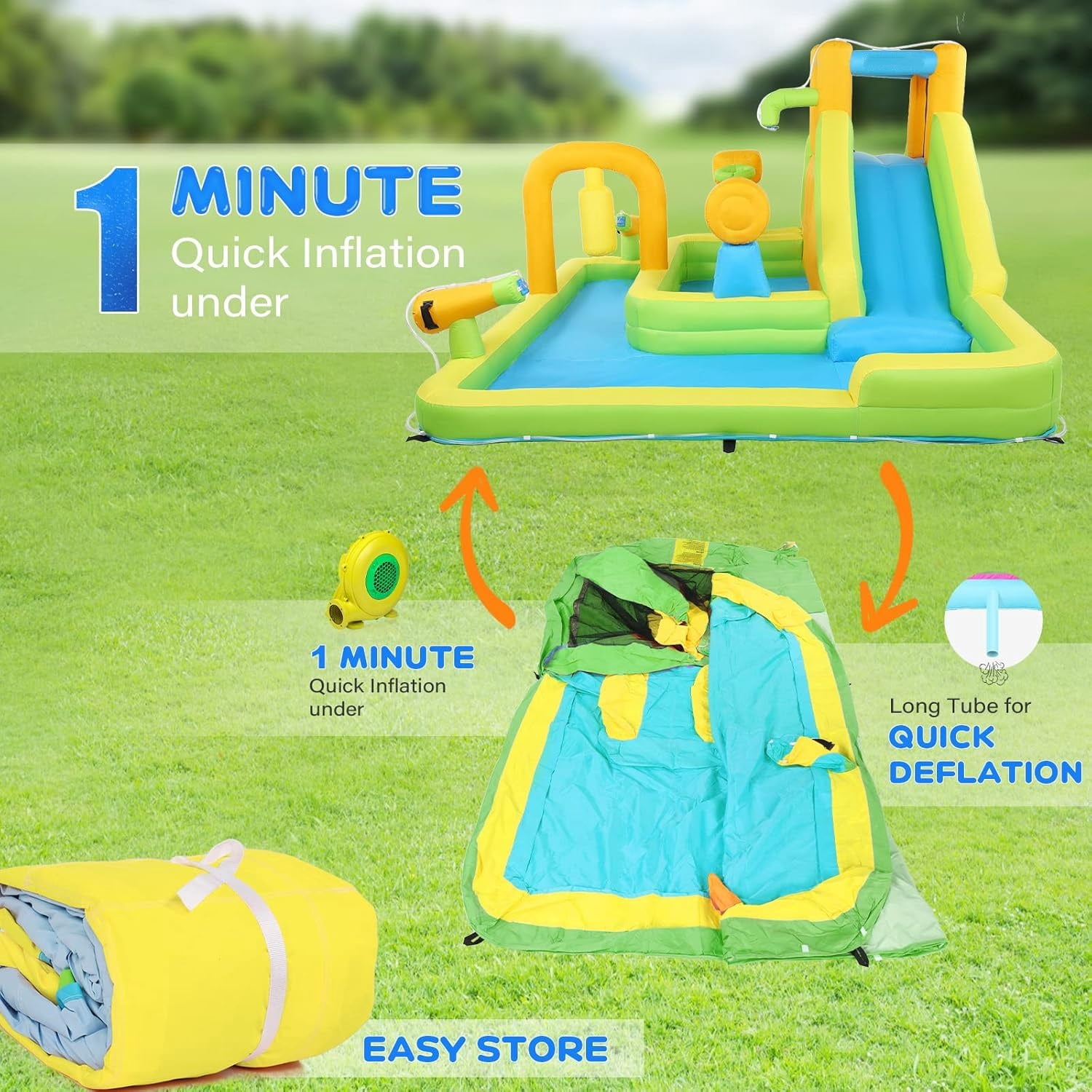Ktaxon 10-in-1 Inflatable Water Slide Bounce House with Blower, 177" x 118" x 71", Deep Pool Water Park w/ Target Game & Basketball Hoop for Kids Backyard,