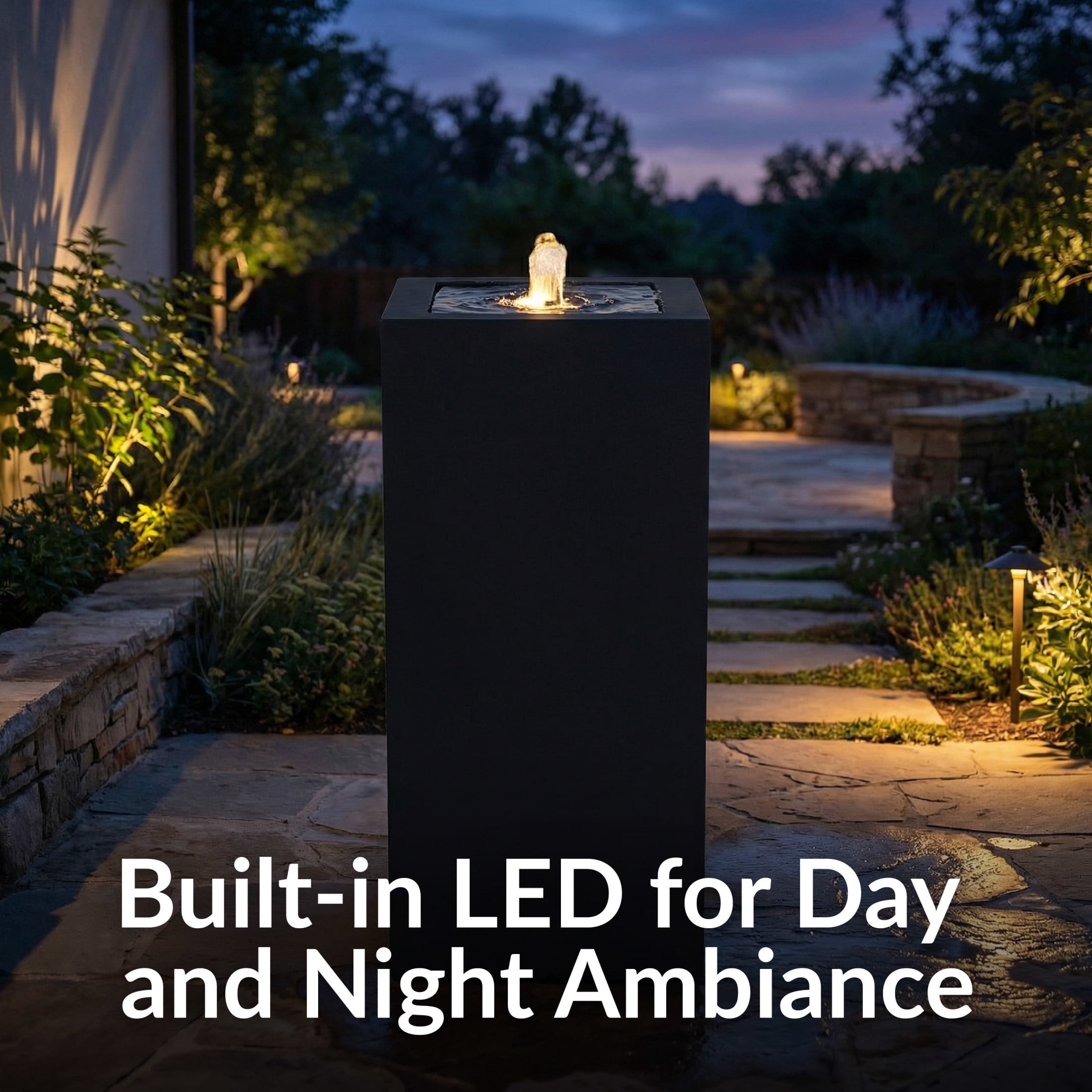Sunnydaze Rectangular Black Outdoor Bubble Fountain, LED Light