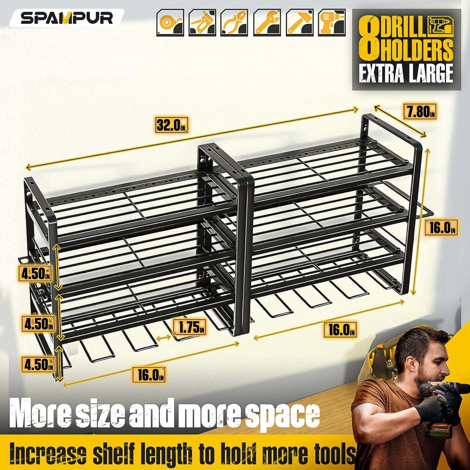 Power Tool Organizer, 8 Drill Holder Wall Mount, Storage Rack for Garage Organization, Heavy Duty Tool Racks and Battery Shelf, Tools Shelves with Charging Station - Metal - Large - 2 pack