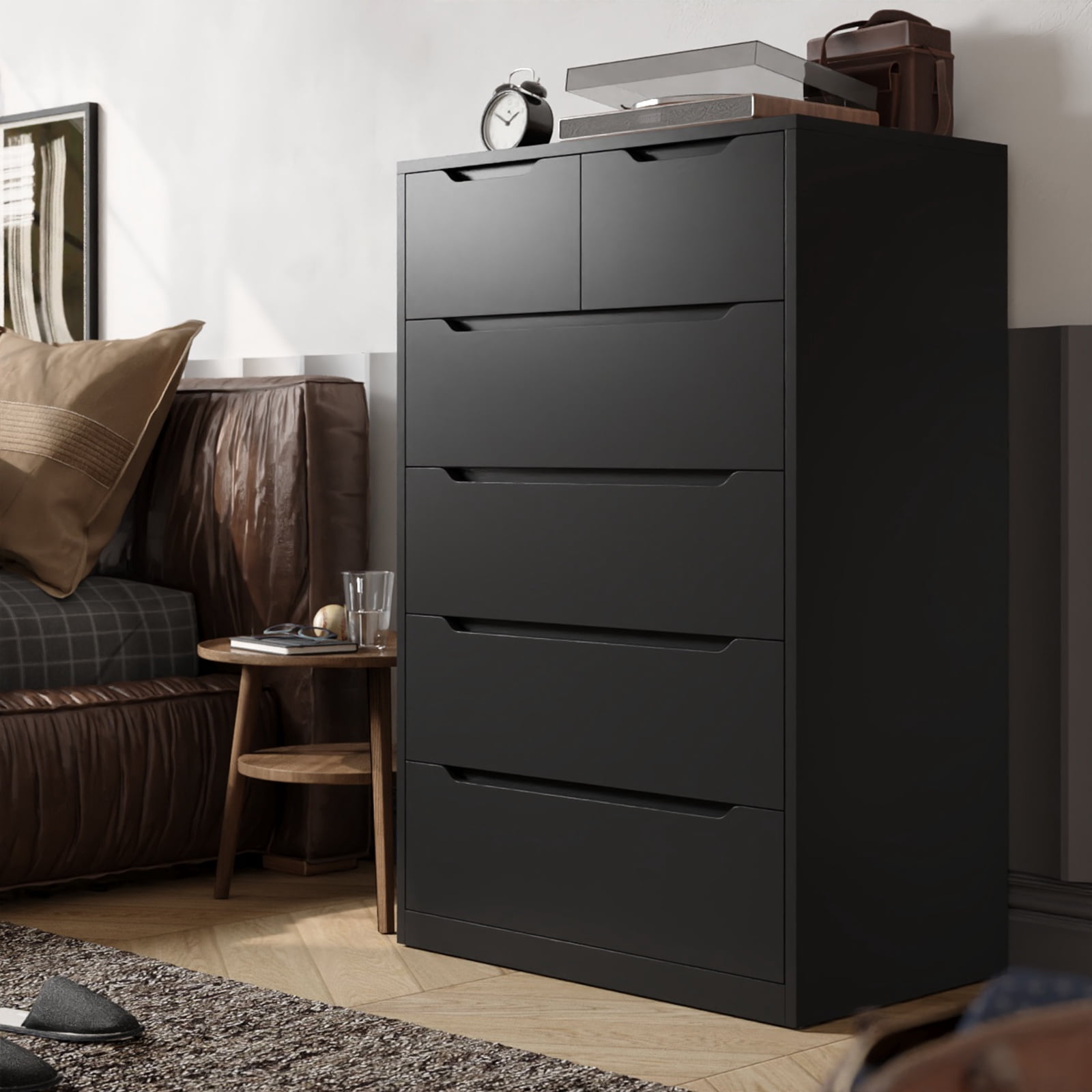 EnHomee Set of 2 Black Tall Dresser Wood 6 Drawer Dressers for Bedroom Wood Chest of Drawers with Smooth Metal Rail Large Dresser Modern Storage Cabinet for Home Office Living Room
