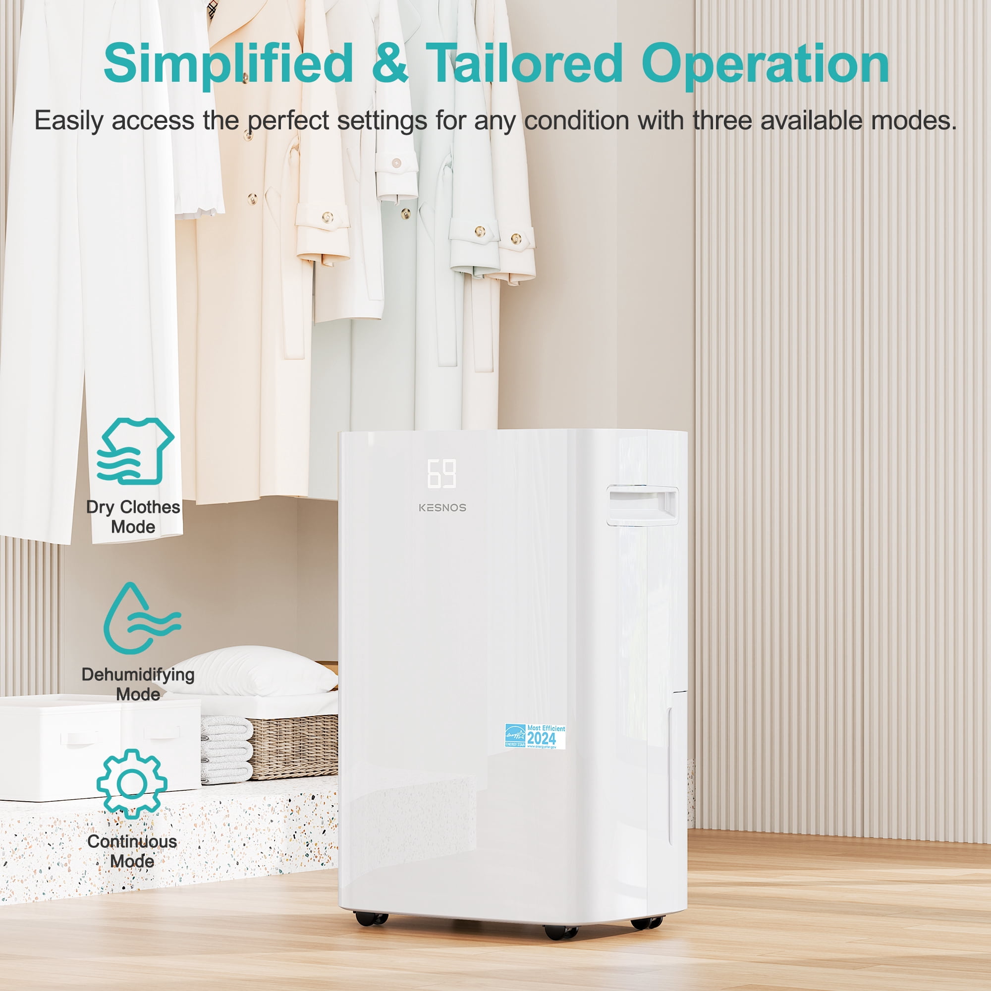 Kesnos 50 Pints Energy Star Dehumidifier for 4500 Sq. Ft, Most Efficient 2025 Certified, Intelligent Humidity Control, 24H Timer, Auto Drain, Quiet Operation for Home Basement Large Room, White