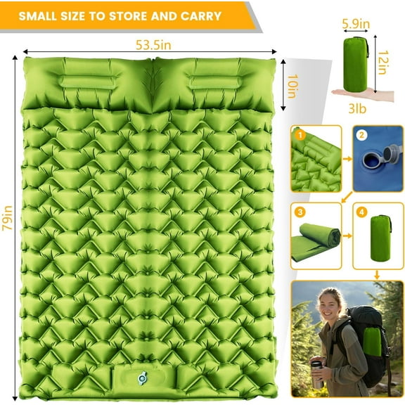 Double Sleeping Pad - 4in Extra-Thick Inflatable Camping Mat for 2 Person with Built-in Pillow & Foot Pump, Lightweight for Backpacking Hiking Travel Tent