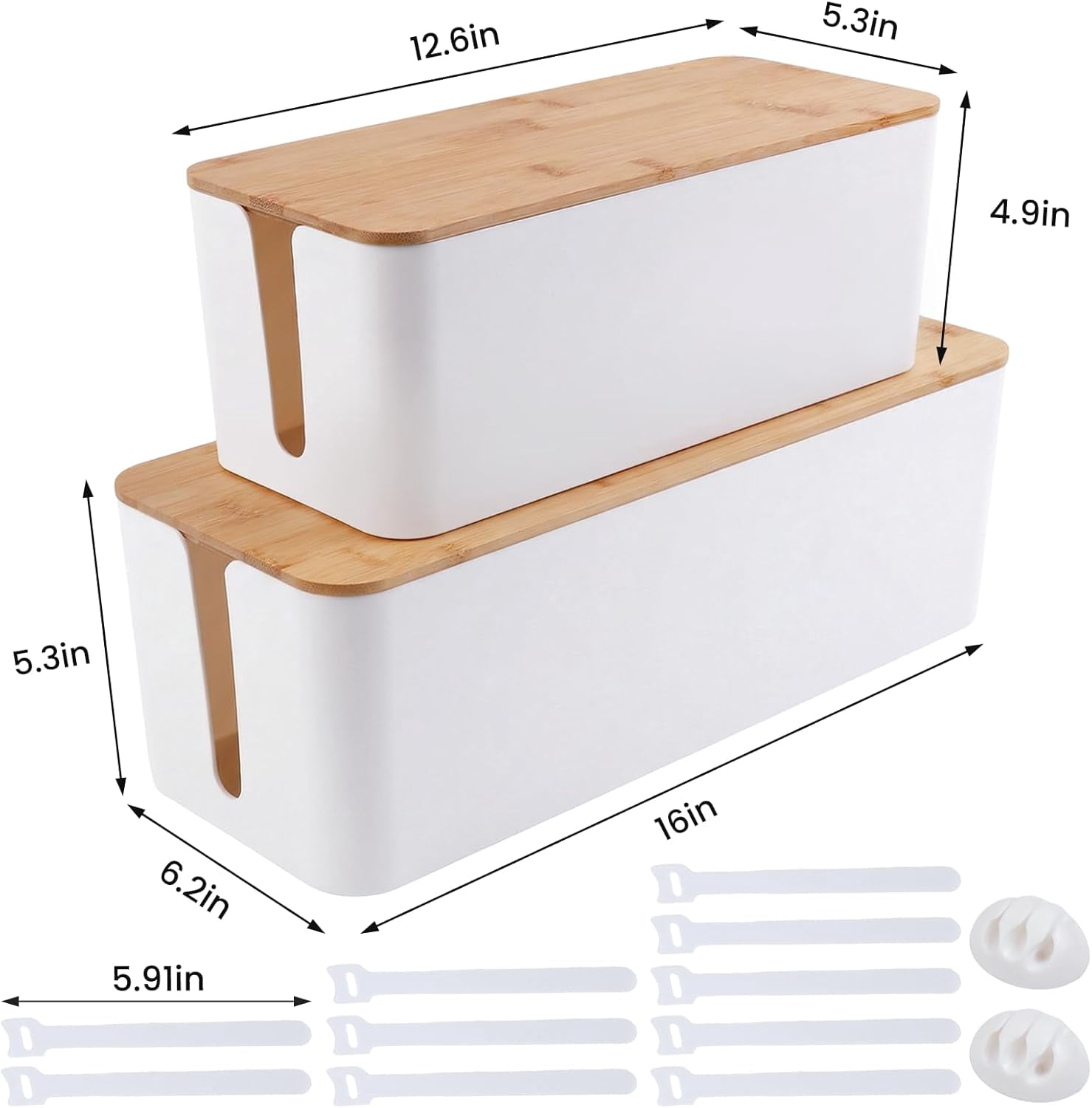 2 Pack Cable Management Box - Cord Organizer Box with Wooden Lid for TV Wires, s, Router, USB Hub & Under Desk Power: Baby & Pet Proof Cord Management, Cord Hider for Home & Office (White)