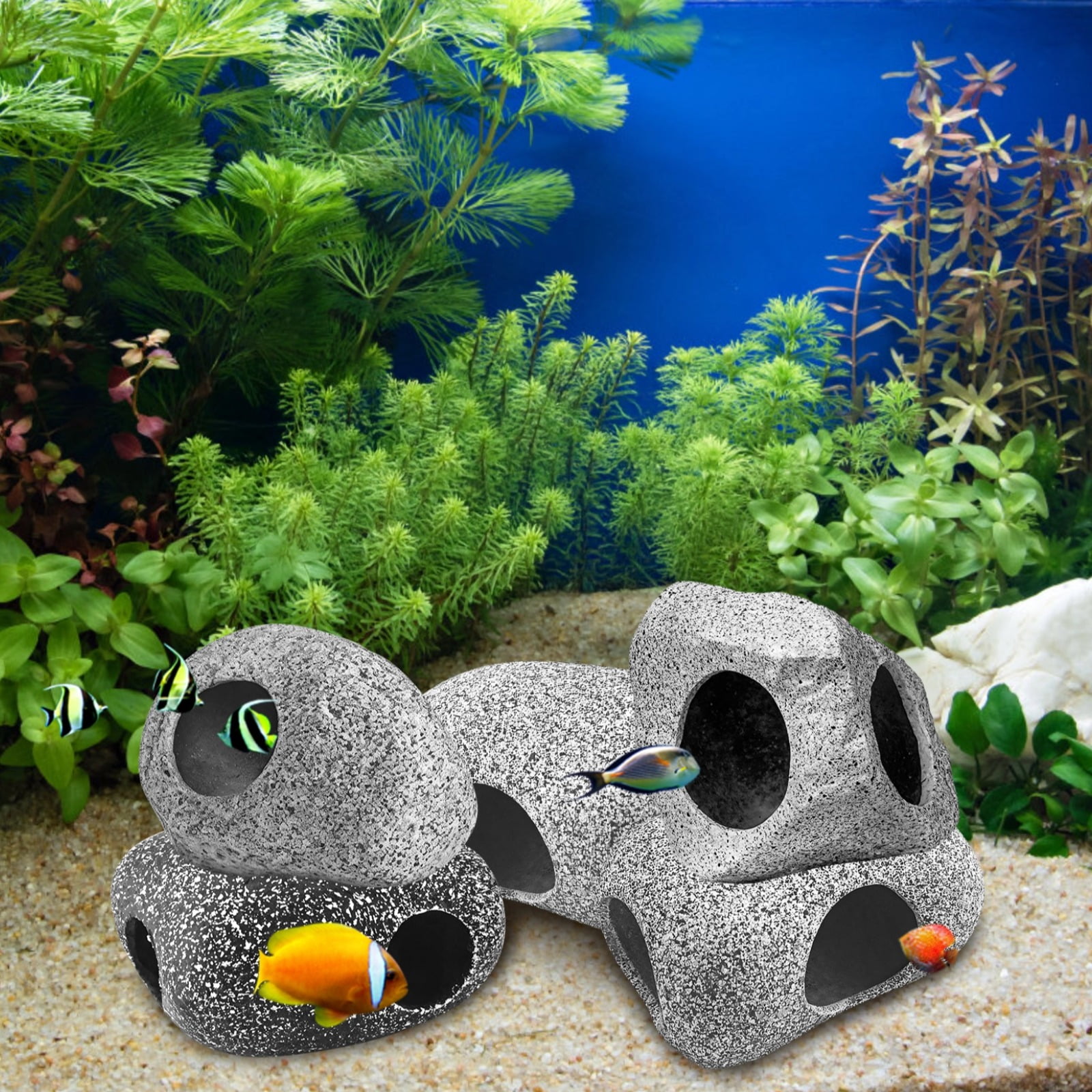 8 Pcs Ceramic Stone Cave Aquarium Decoration, Natural Rock Caves for Fish Tank, Smooth Surface, Multiple Sizes, Safe and Harm-Free, Provides Hiding Spaces for Fish
