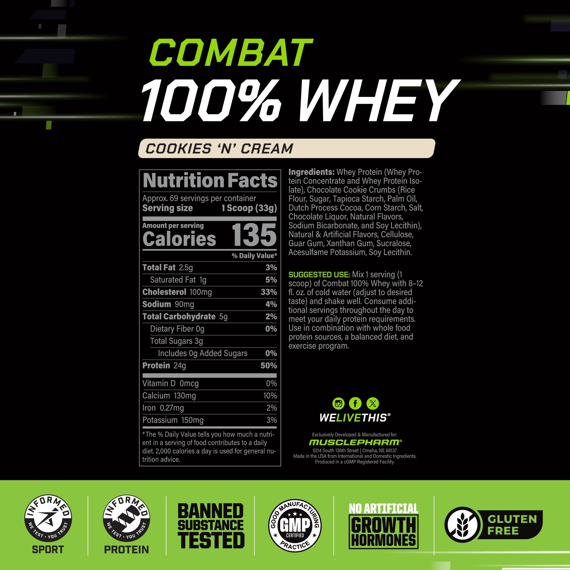MusclePharm Combat 100% Whey Protein Powder, Cookies & Cream, 25g Protein, 5lb, 80oz