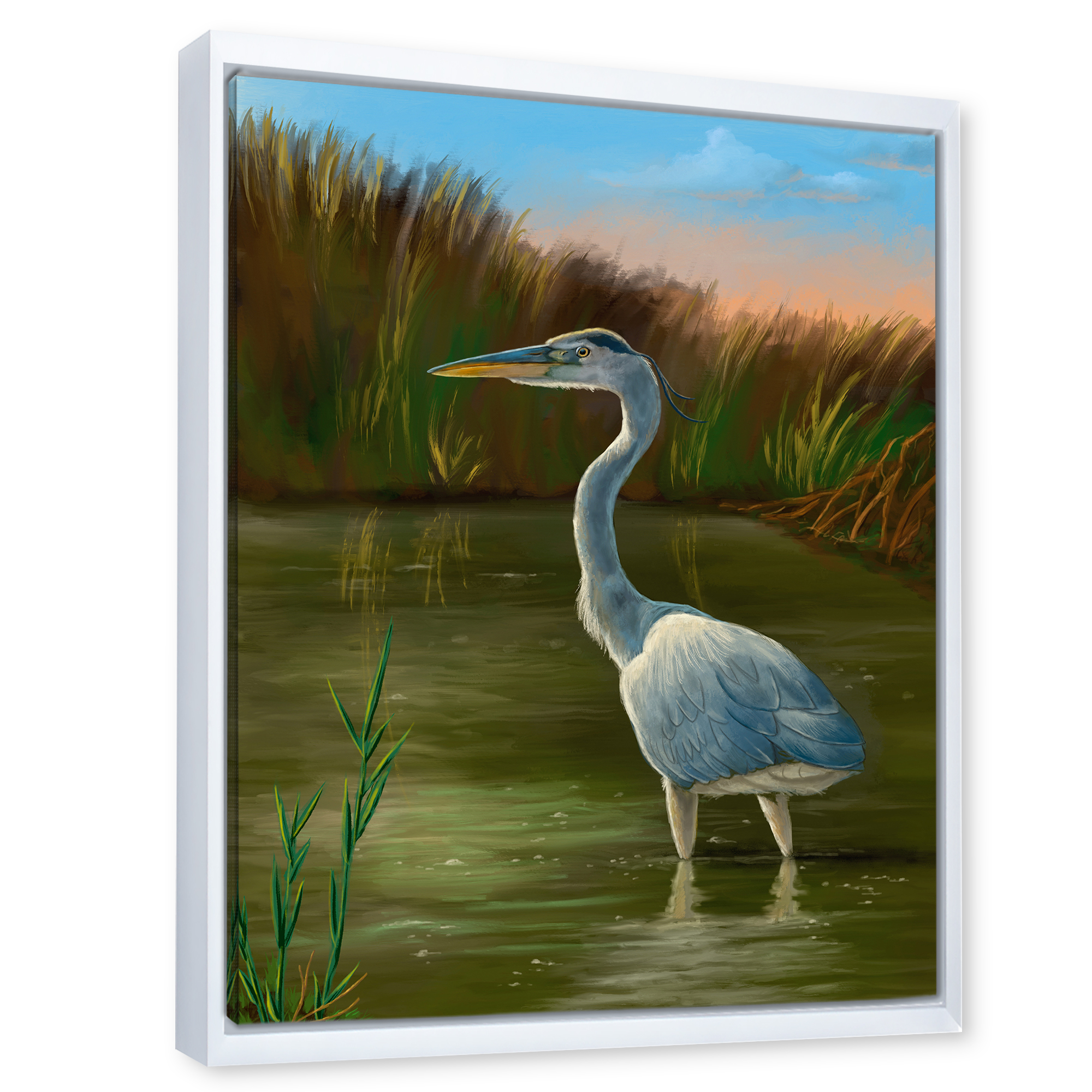 Designart 'Blue Heron Wetland Bird on The Lake Shore' Traditional Framed Canvas Wall Art Print