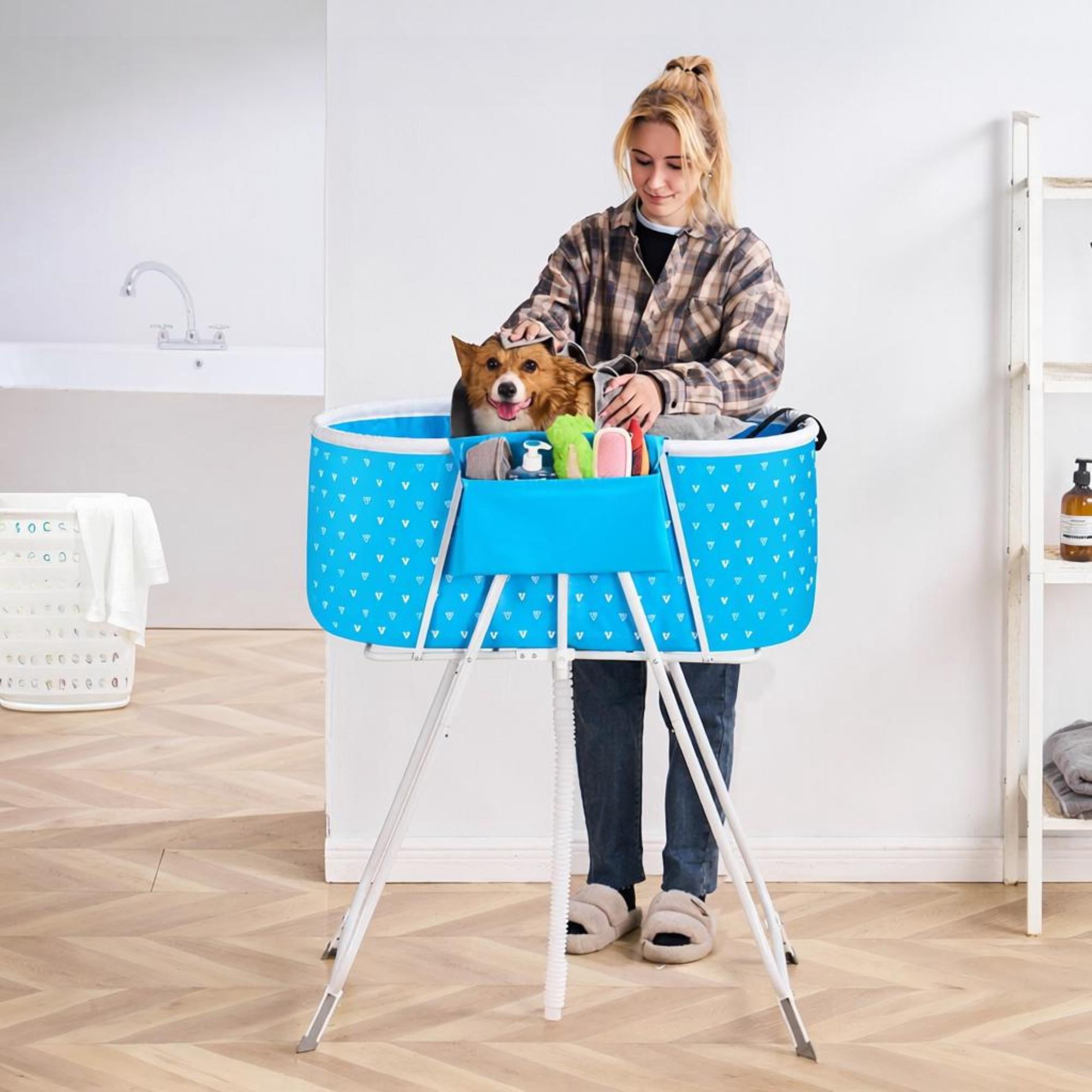 Portable Elevated Foldable Dog Bathtub with Quick Drainage for Small and Medium Dogs and Cats Light Blue