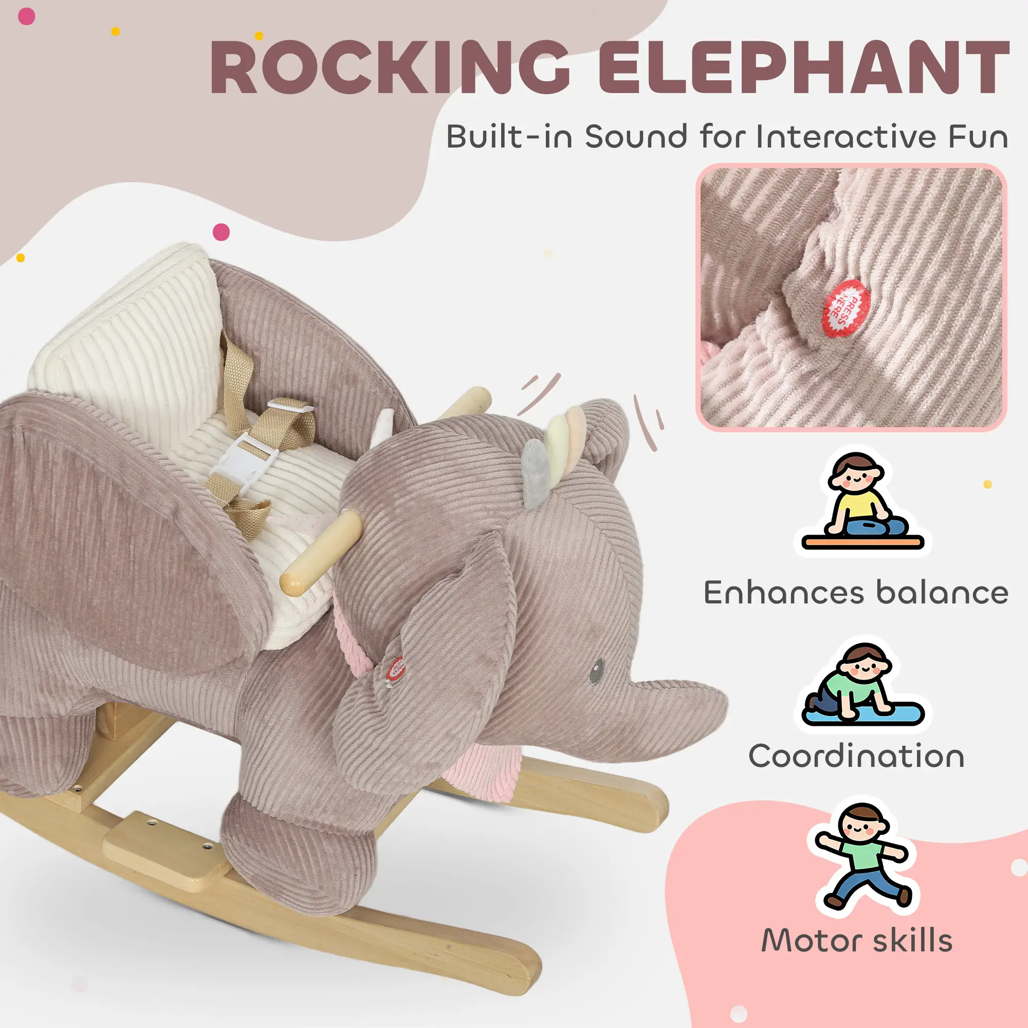 Kid's Plush Elephant Rocking Horse, Brown with Lullaby 3-Point Safety Belt, Solid Wood Base Steel Frame 55 lbs Capacity for 12+ Months 18-36 Months Toddlers