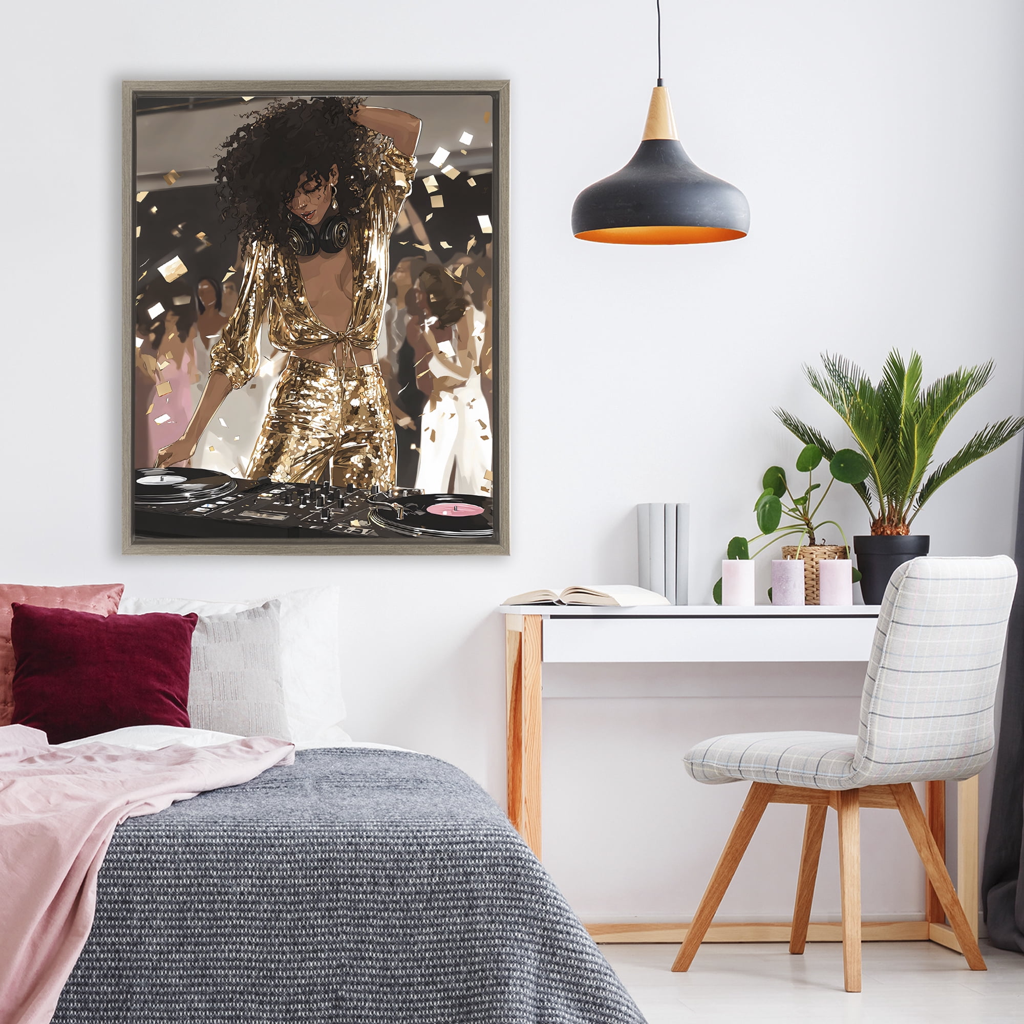 Stupell Industries Shimmering DJ in Sequins Brown Framed Floater Canvas Wall Art, design by Franklyn Gregory
