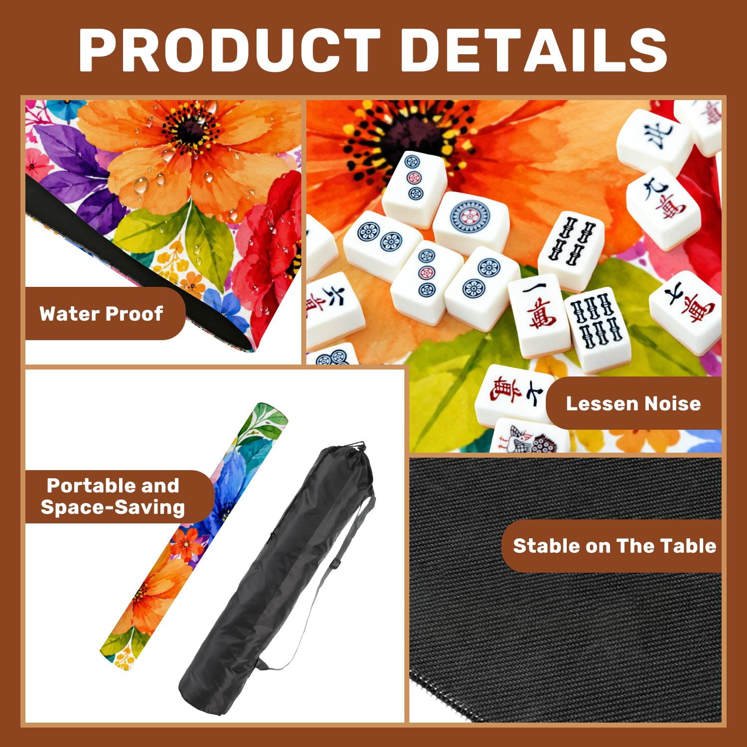 Mahjong Mat 31.5" x 31.5" Vibrant Floral Pink Blue Green Flowers Non-Slip Noise Reduction Mahjong Tiles Table Cover for Dominoes Poker Card Board and Tile Games