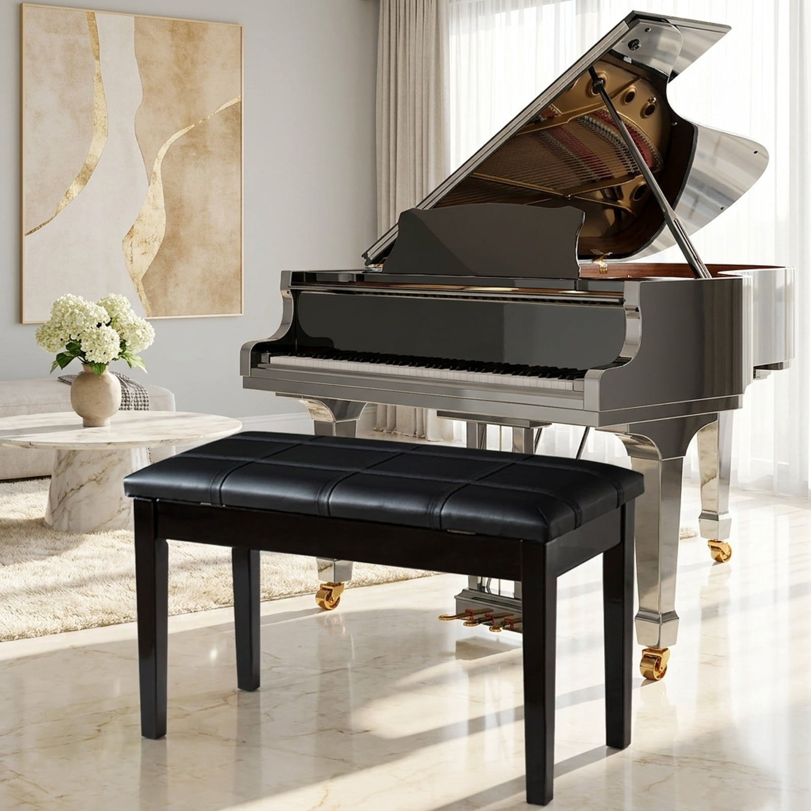 Furnibear Solid Wood Duet Piano Bench with PU Leather Padded Seat and Under Seat Storage for Two Players Keyboard Music Studio Home, Black