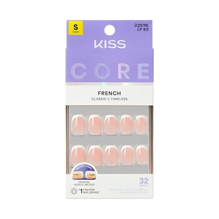 KISS CORE French Tip Press On Nails, ‘Snapshot’, White, Short Squoval, 32 Count