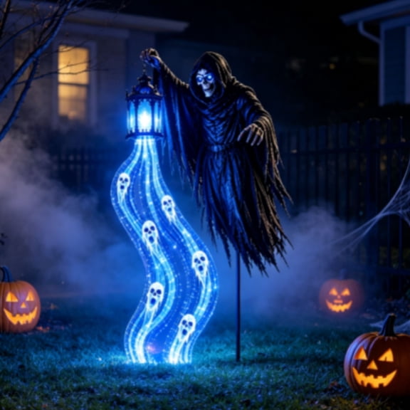 Halloween Soul Harvester Animated Garden Light, Waterproof Solar Glowing Ghost with Flowing Blue LED Soul Effect, Halloween Decor Stake for Lawn Patio Pathway