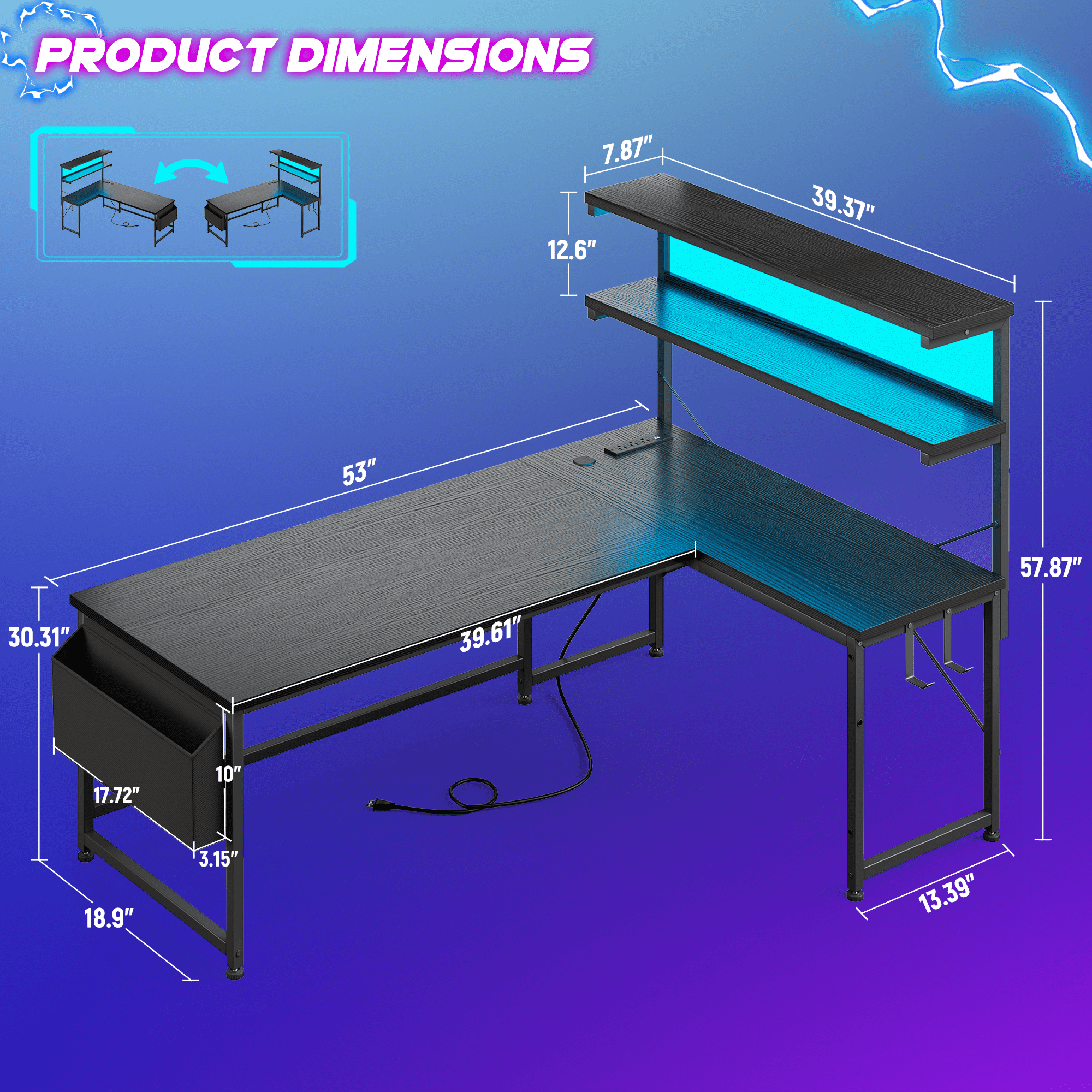 Romorgniz L Shaped Computer Desk with LED Lights & Power Outlet, Reversible 53"W Gaming Desk with Storage Shelf, Side Bag, Hooks for Home Office, Black