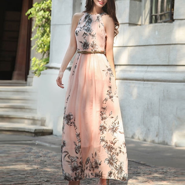 SMihono Robe Maxi Bohème d'Été pour Femmes Grande Taille Mode Femmes Décontractée Imprimée Harter Sans Manches à Nouer à la Taille Longue Robe de Plage