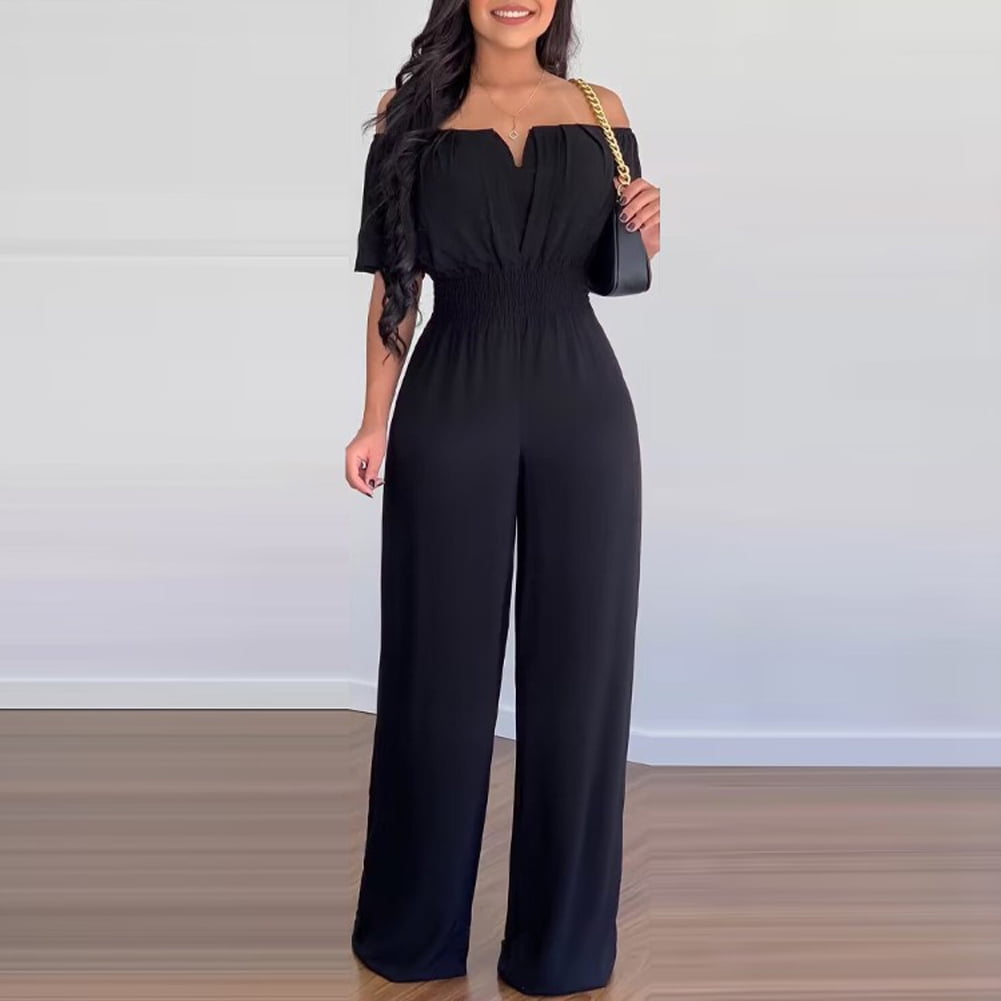 FJUCHAI Women's Casual Jumpsuits Loose Overalls Short Sleeve One Piece Wide Leg Long Pant Rompers With Pockets S-XL