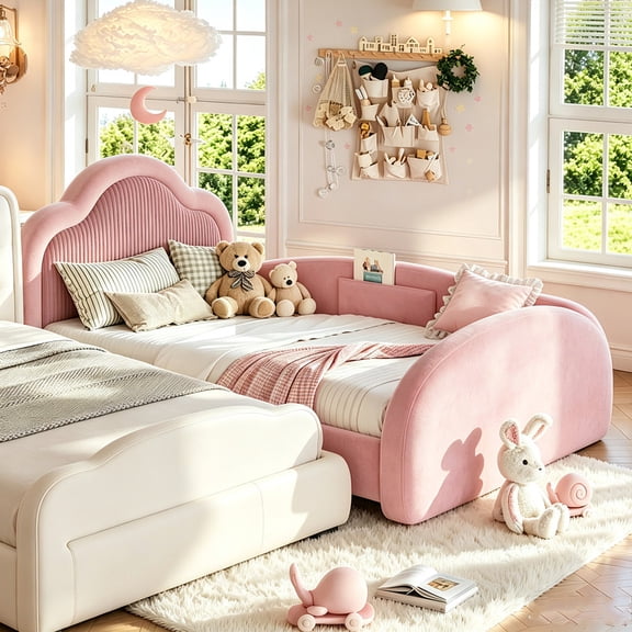 Bellemave Twin Size Kids Bed Frame with Side Rails,Upholstered Floor bed with Storage Pocket and Curved Headboard, Low Profile Daybed Frame for Mother & Kid Shared Room, No Box Spring Needed (Pink)