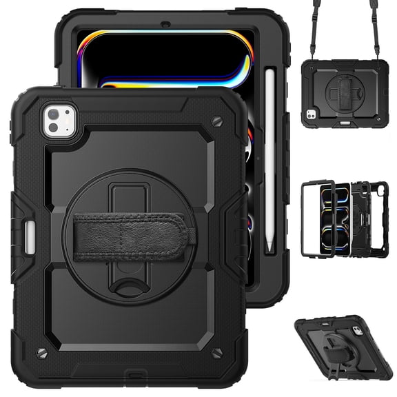 Case for iPad Pro 11 Inch (M4 2024/M5 2025) with Screen Protector, 360 Degree Rotating Kickstand Hand Strap Heavy Duty Shockproof Cover with Shoulder Strap, Black