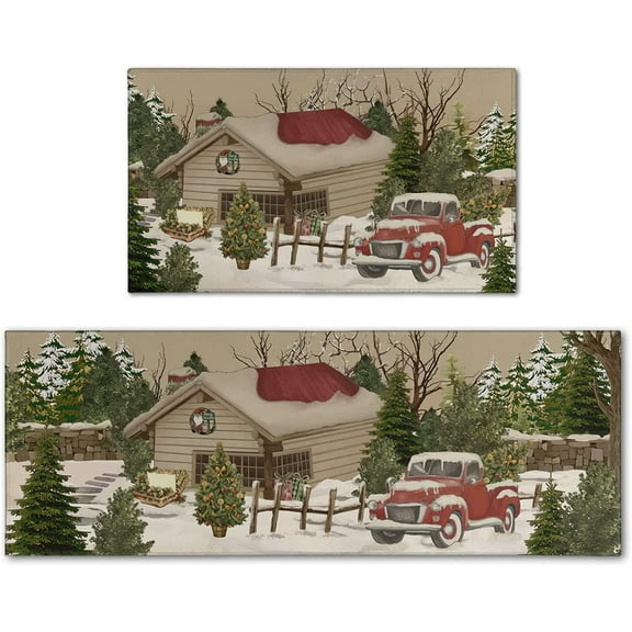 Christmas Kitchen Rugs - Kitchen Mat Set of 2, Christmas Rug Kitchen Christmas Decor, Christmas Holiday Kitchen Mats for Floor, red Vintage Christmas Kitchen Rugs 2 Piece 17x47 and 17x30 Inch