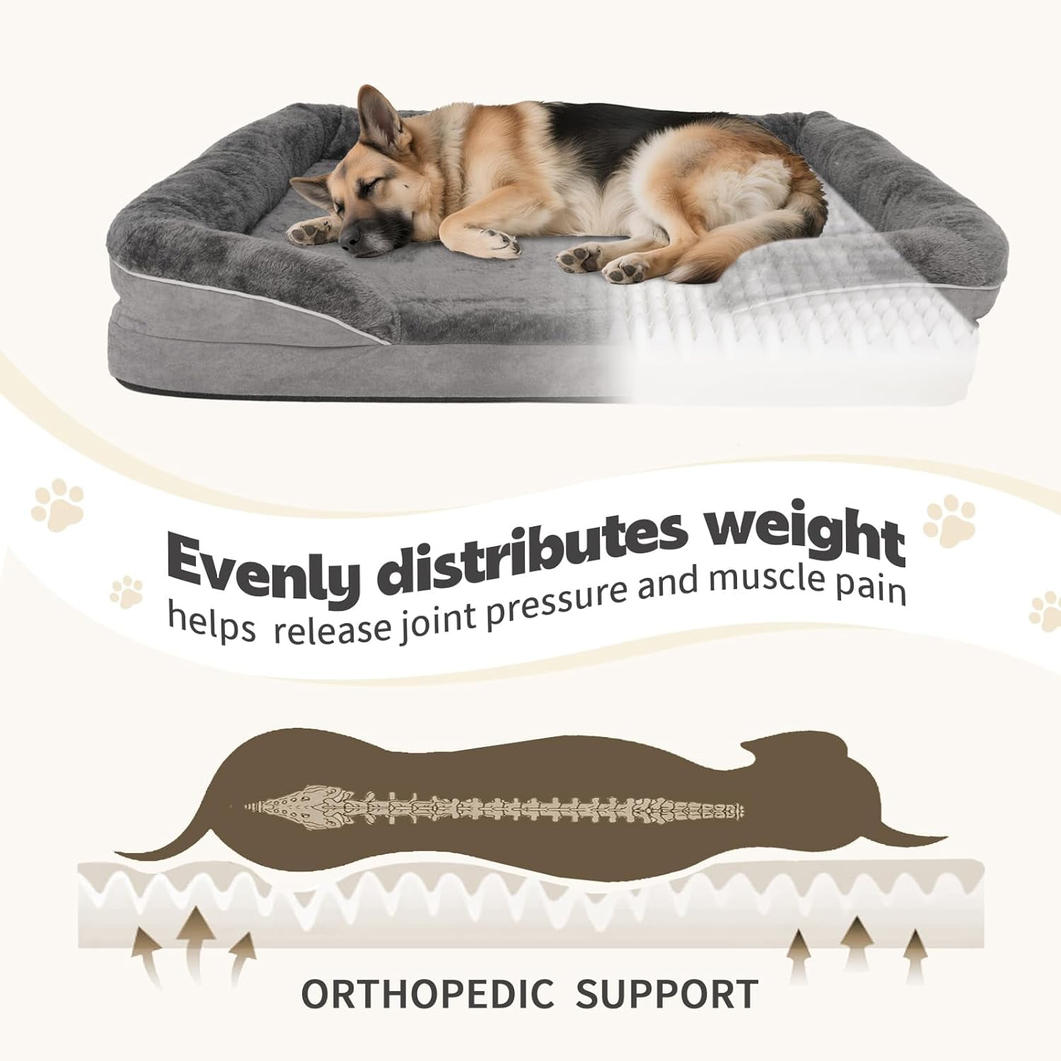 Dog Bed Waterproof Medium/Large Sized XL Foam Pet Beds Removable Washable Cover Dog Sofa Egg Crate Foam Support with Zipper Bottom Bolster Deluxe Plush Mat (34.6x26x7.5in+Grey)