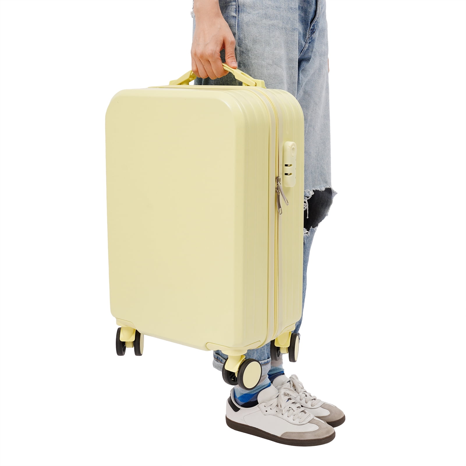 Yellow 20 inch Luggage Carry on Suitcase, 4 Wheels Hardshell Lightweight Rolling Suitcases Yellow with Cup Phone Holder and Charger Port
