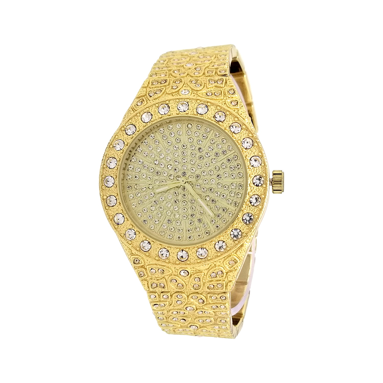 Techno Pave 14K Gold Plated Fully Iced Out Diamond-Cut MicroPave Dial ...