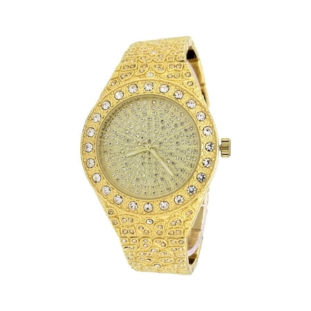 Techno Pave 14K Gold Plated Fully Iced Out Diamond-Cut MicroPave Dial Luxury Designer Style Metal Band Wrist (Best Techno Metal Bands)