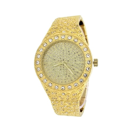 Techno Pave 14K Gold Plated Fully Iced Out Diamond-Cut MicroPave Dial Luxury Designer Style Metal Band Wrist