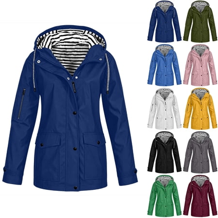BiZtdJrK Womens Hooded Raincoat Lightweight Waterproof Zip up Rain Jacket Striped Windbreaker with Pockets Blue XL
