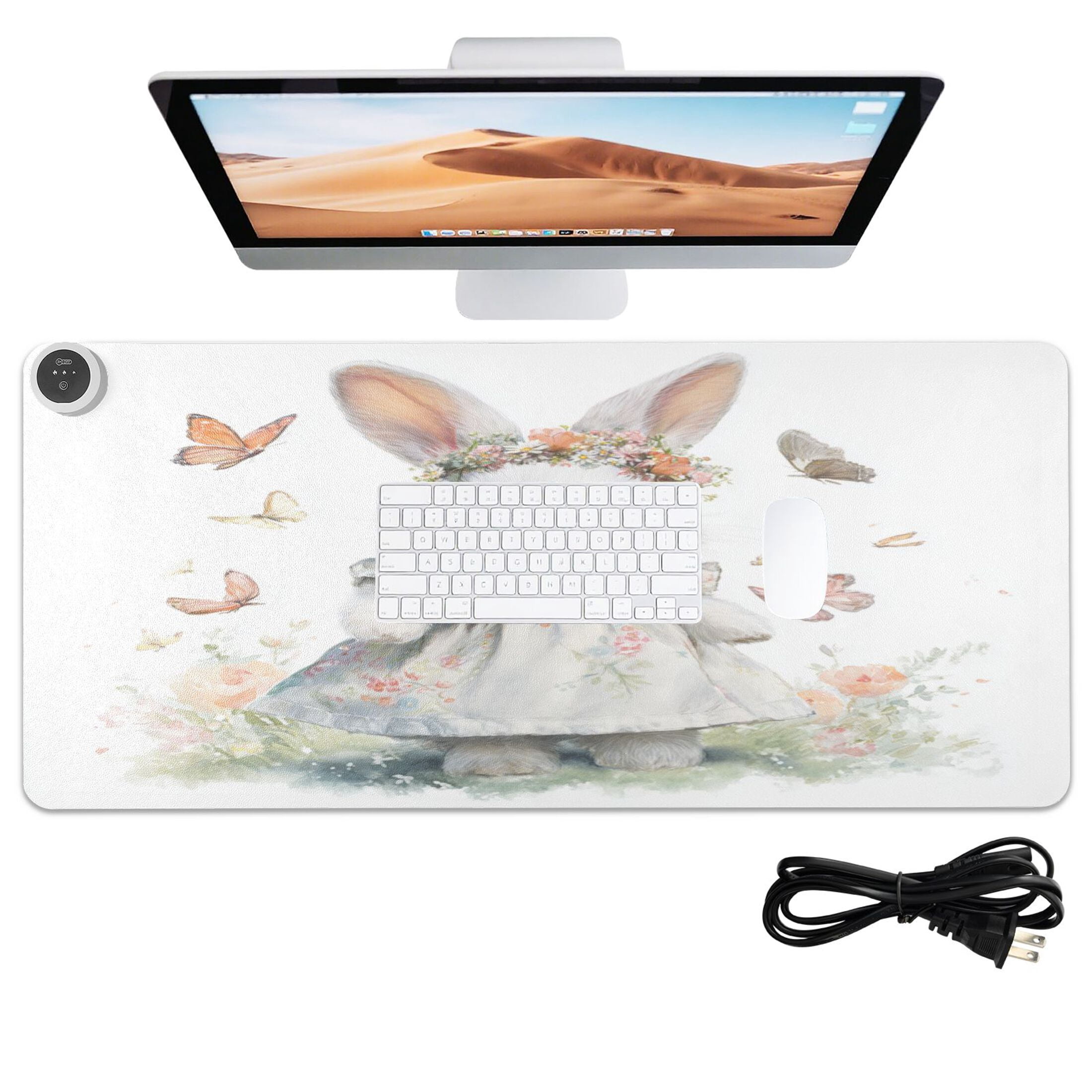 Large Heated Desk Mat Mouse Pad 31.5"x13"PU Leather Graphene Heating Desk Warmer with 3 Temperature Settings 110V US Plug Non-Slip Warm Pad for Home, Office, and Gaming Cute White Little Rabbit