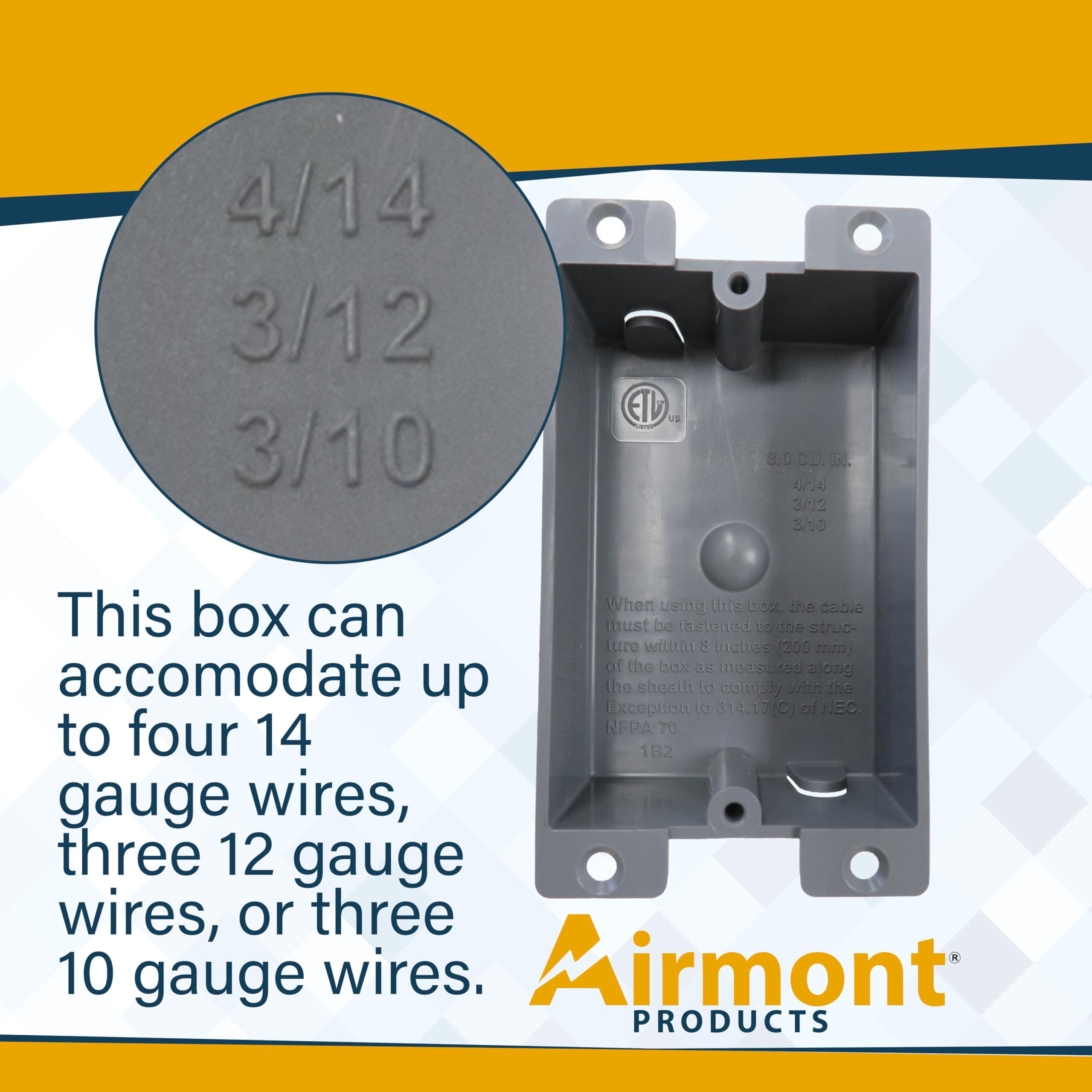 Old Work Round Electrical Box, One-Gang Grey PVC Junction Box, Electrical Old Work Box with Built-in Mounting Tabs, Mounting Wings, 2-Hour Fire Rated Walls 12, 8 Cubic Inch Box