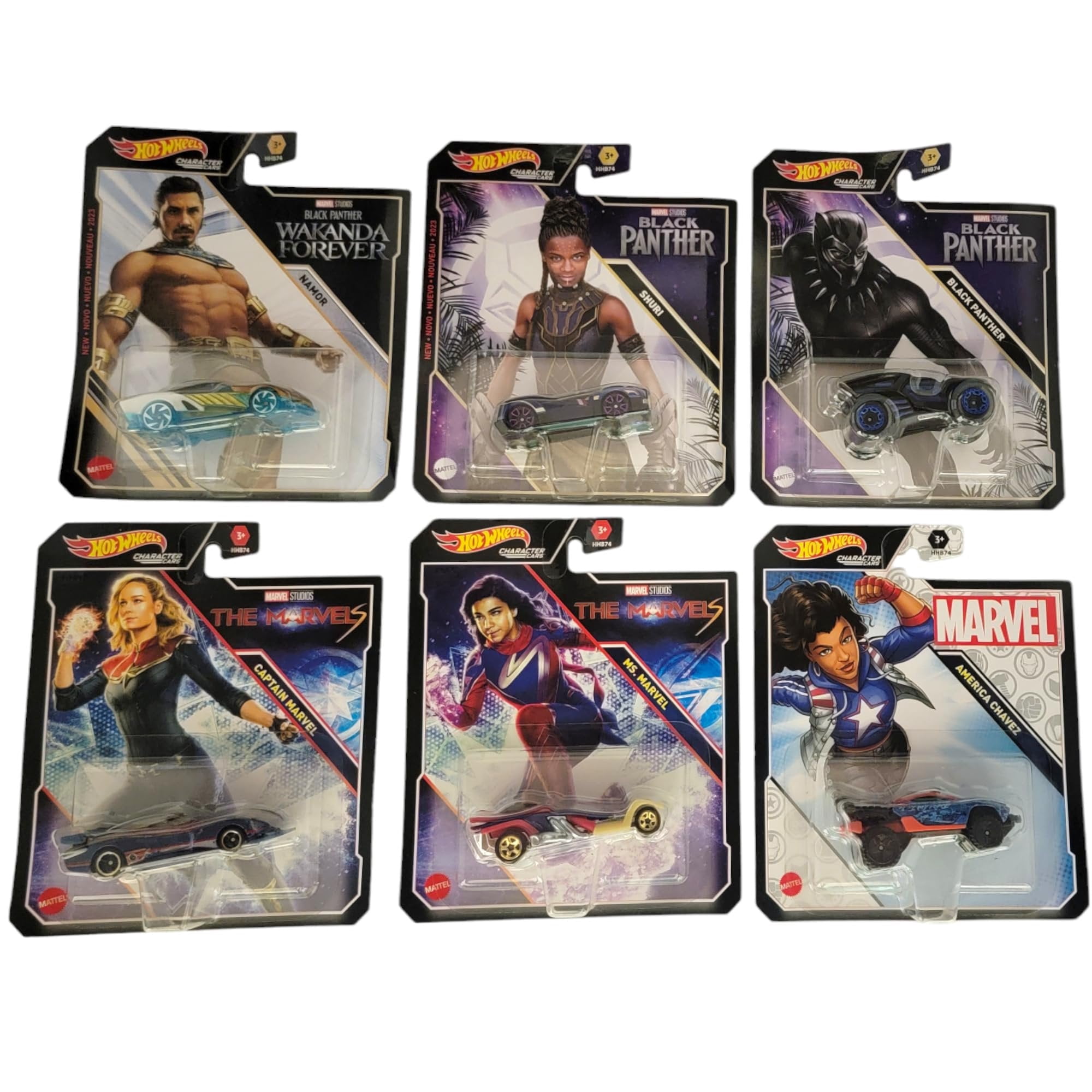 Hot Wheels Marvel Character Cars Complete Set of 6 Diecast Vehicles from HHB74-956G Release Bundle with Black Panther and More
