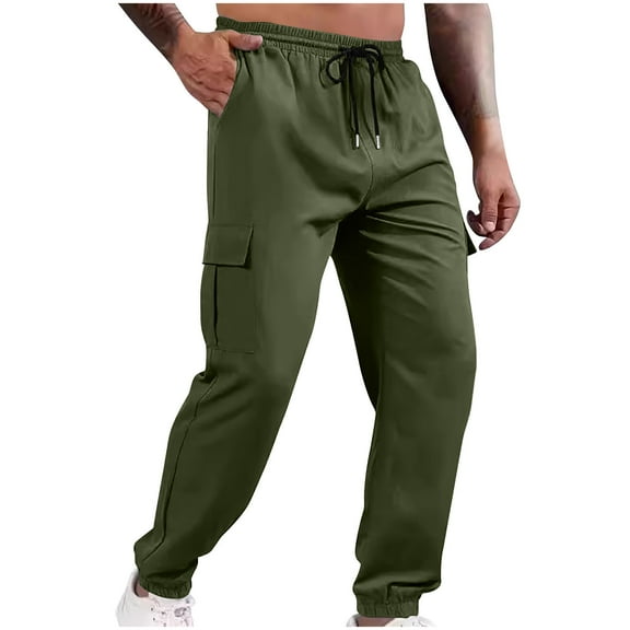 LNWUY Cargo Sweatpants for Mens Outdoor Lightweight Joggers Solid Color Pocket Elastic Waist Draw Rope Foot Binding Casual Trousers Green* XXL