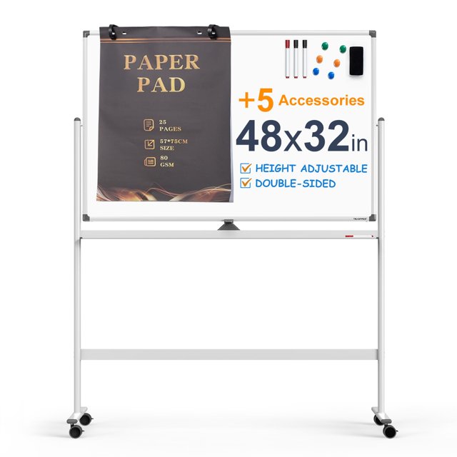 Grand Tableau Blanc Magnétique Effaçable à Sec sur Roulettes - Tableau Effaçable à Sec 48 x 32 Pouces avec Support, Hauteur Ajustable, Double Face, Tableau Blanc Mobile à Chevalet sur Roues avec 25 Feuilles, Bloc-Papier, Bureau, Maison et Salle de Classe