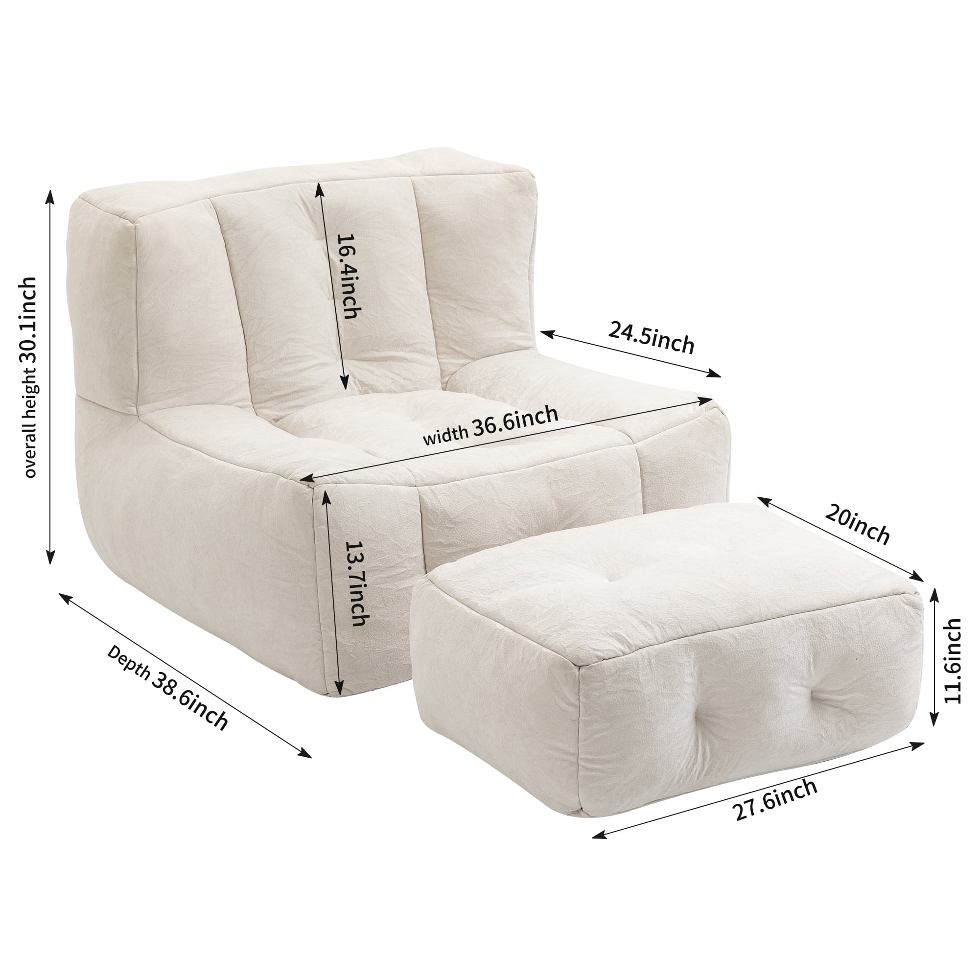 Accent Chair with Ottoman Set,Modern Velvet Bean Bag Chair for Adults and Childs,Upholstered Lazy Sofa Chair Armchair for Living room, Bedroom, Apartment,White
