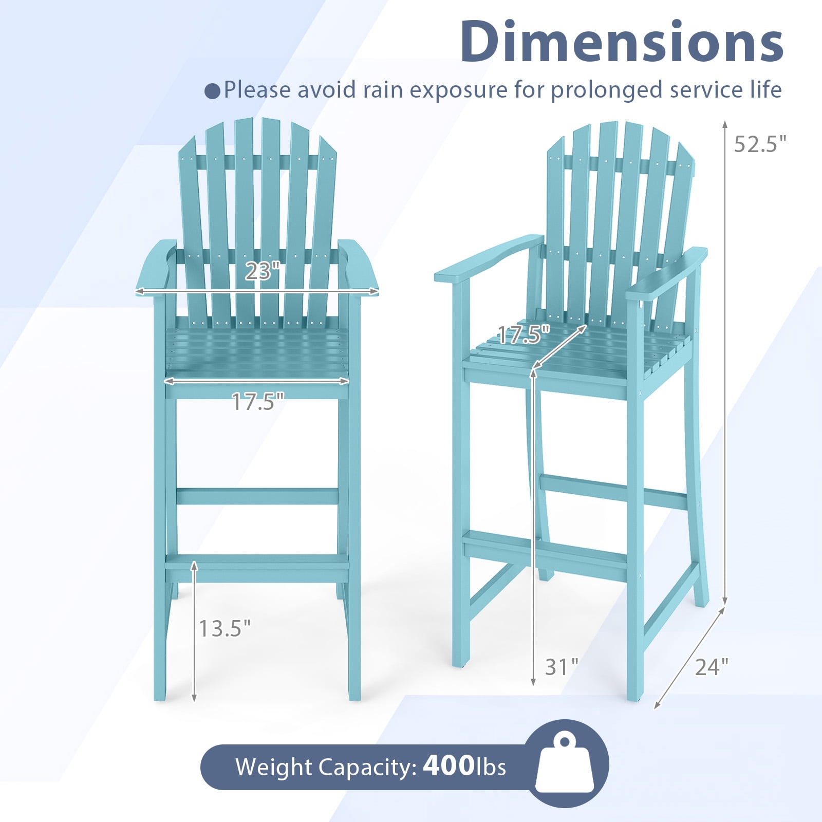 Gymax 4PCS Tall Adirondack Chair w/Back Armrests & Footrest for Balcony Porch Deck Turquoise