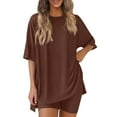 thumbnail image 2 of Feancey Women 2 Piece Lounge Sets Summer Travel Outfits Trendy Side Slit Tops and Boy Shorts Matching Set Soft Cozy Pajama Two Piece Brown M, 2 of 9