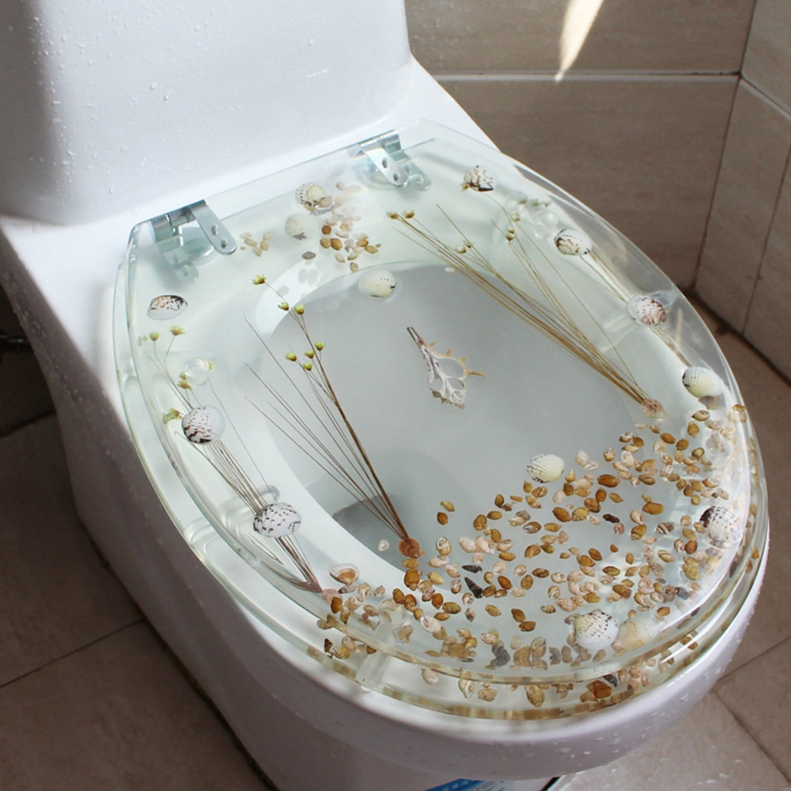 TOOL1SHOoo Toilet Seat Sea Shell Resin Silent Close Toilet Hinges Bathroom Deco  with Seashells Cover U/V Shape Elongated Toilet Seats Bathroom Decor Easy Clean and Install 16.5 Inch