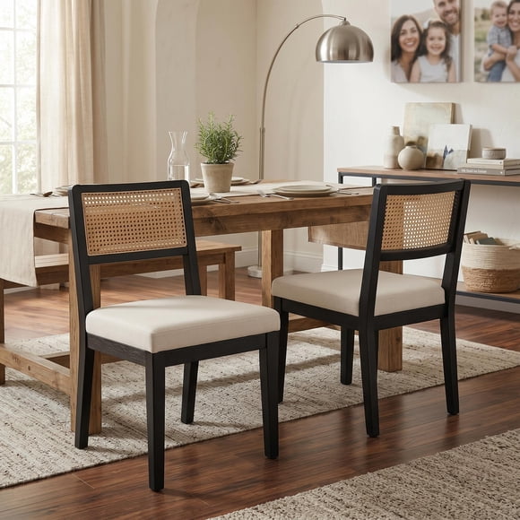 Gaderth Rattan Dining Chairs Set of 2, Farmhouse Mid Century Kitchen Chairs with Ergonomic Backrest and Upholstered Seat, Wood Side Chairs for Dining Room, Living Room, Breakfast Nook
