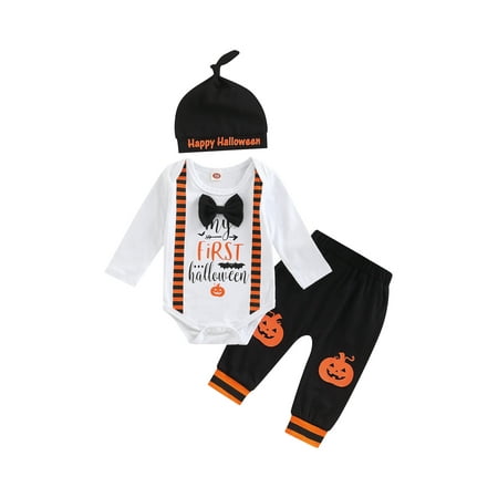 

Canrulo 3Pcs Newborn Baby Boy Halloween Clothes Long Sleeve Bow Tie Romper Bodysuit Pumpkin Printed Pants with Hat Outfits A 3-6 Months