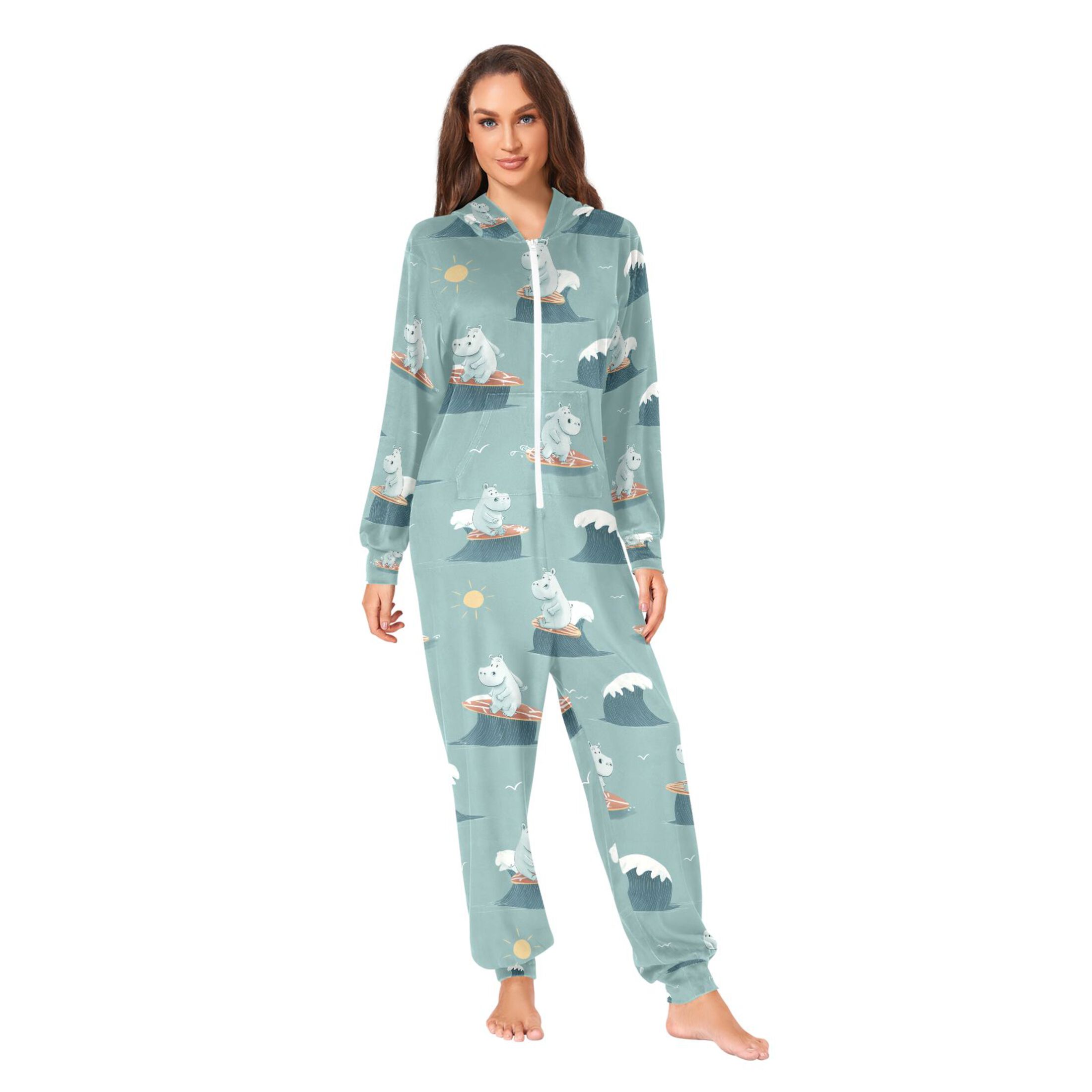 Adult Christmas Onesie Surfing Hippo Adult Zipper One-Piece Pajamas Unisex Pajamas with Pockets