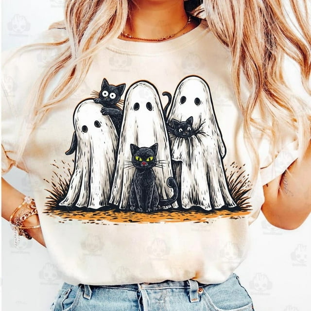Chemise Rétro Halloween Fantôme et Chat, Chemise Fantôme Effrayant, Chemise Florale Preppy Halloween, Chemise Boo Halloween, Chemise Drôle Halloween, Chemise Chat Noir