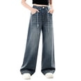 thumbnail image 7 of Pull on Wide Leg Jeans for Girls, Girls High Waisted Stretchy Baggy Trendy Tummy Control Straight Leg Jeans Denim Pants Blue A 9-10 Years, 7 of 7
