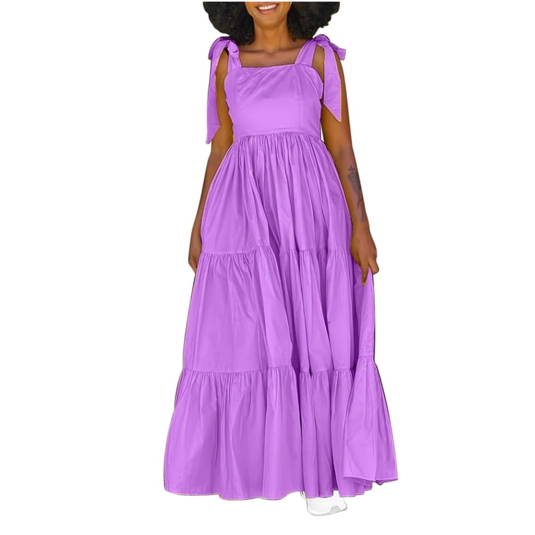 Kaemgyyd Cocktail Dresses for Women Cute Sleeveless Tie Shoulder Tiered Flowy Maxi Dress Loose Ruffle Bridesmaid Evening Dresses, Women's, Size: 2XL