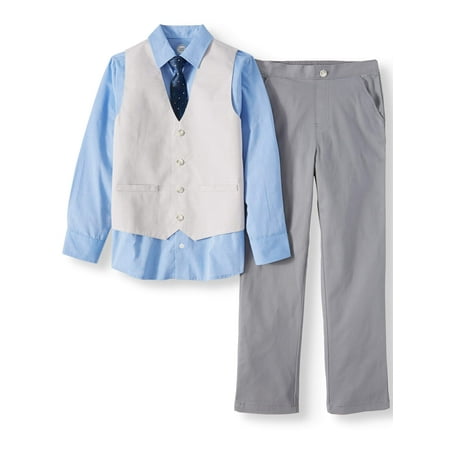Boys' Dressy Vest Set With Contrast Cuff Shirt, Slub Vest, Skinny Tie and Twill Pants, 4-Piece Outfit Set