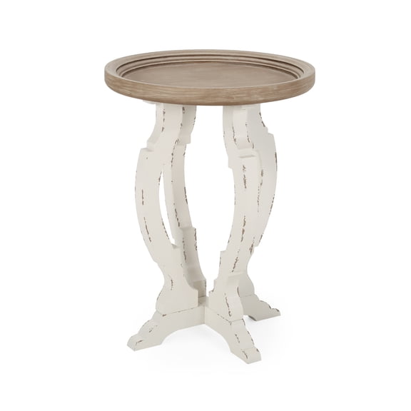 GDF Studio Emilya French Country Accent Table with Round Top, Natural and Distressed White