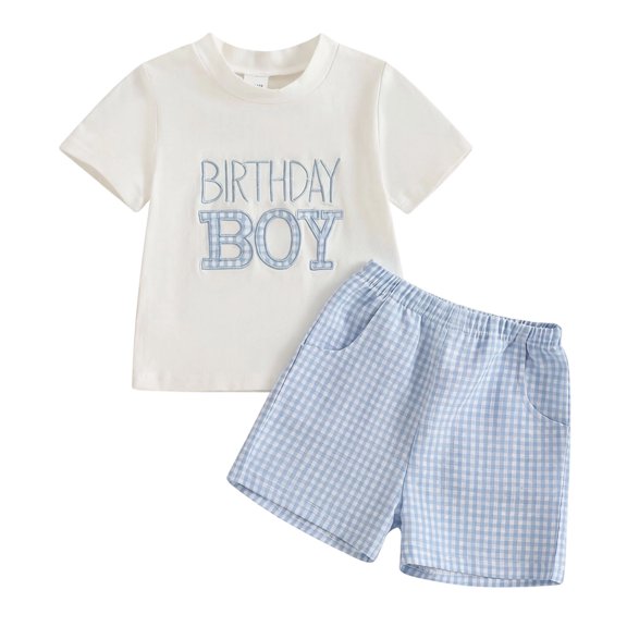 Boys Birthday 2 Piece Outfits Boy Embroidered Short Sleeve Cotton Tee and Gingham Plaid Elastic Waist Shorts, Kids Summer Casual Outfit for Daily Travel Party Wear(White,12-18 Months)